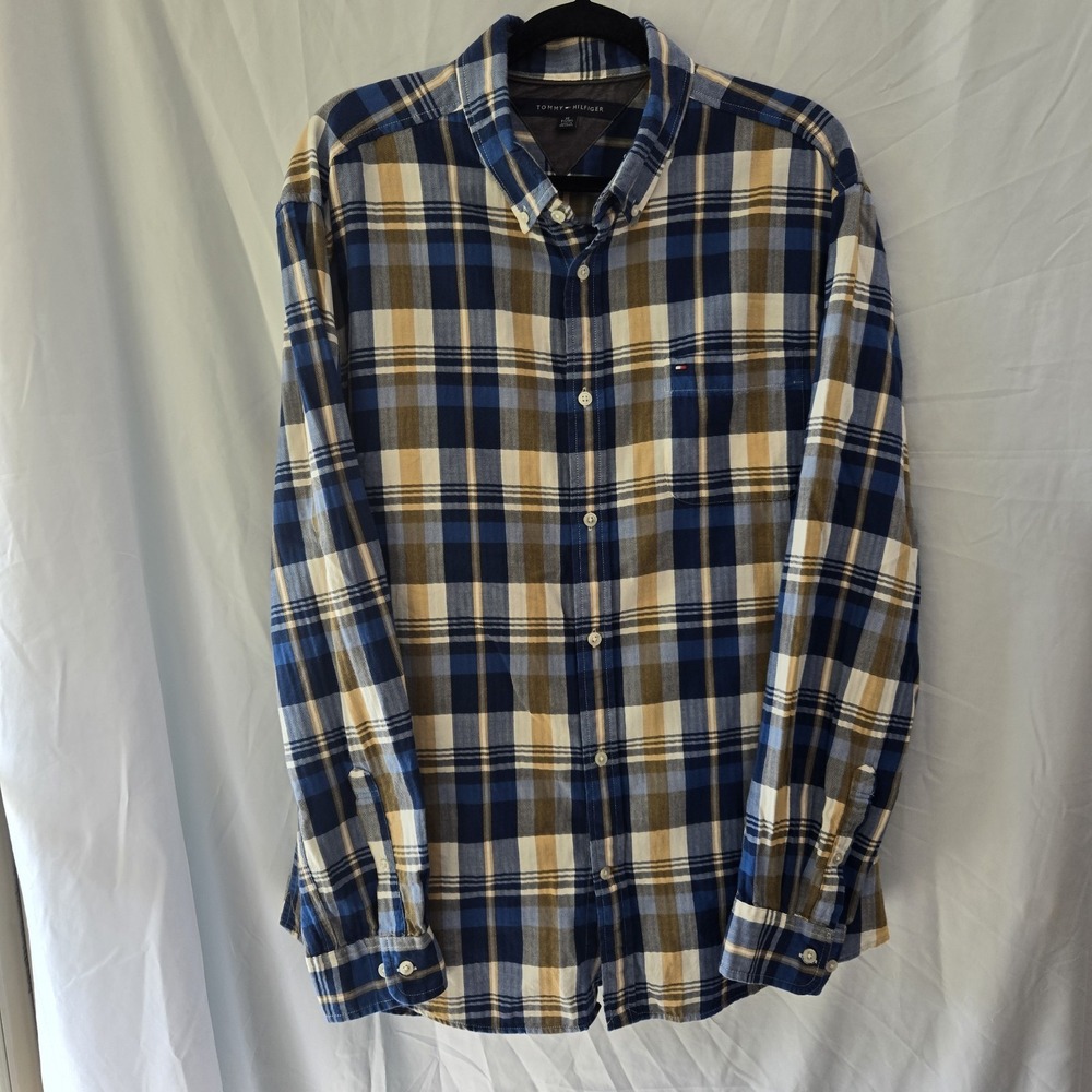 Tommy Hilfiger Plaid Blue And Tan‎ Flannel Button Up Long Sleeve Men's XL